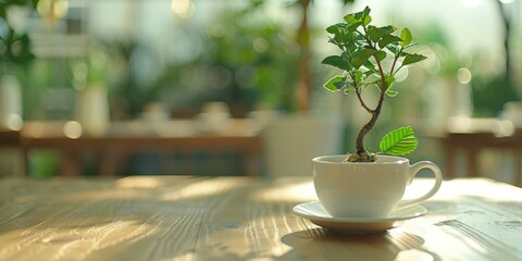 Poster - Small plant in a cup on a table, suitable for home decor