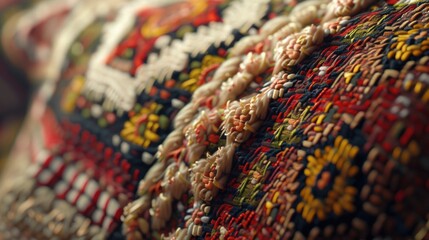 Poster - Close up of a vibrant multicolored pillow on a cozy couch. Perfect for home decor and interior design concepts