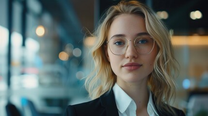 Poster - A woman in a suit and glasses looking at the camera. Suitable for business and corporate concepts