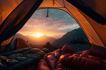 Poster - A scenic tent with a view of the mountains at sunset. Perfect for outdoor enthusiasts and adventure seekers