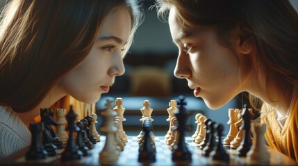 Poster - Two young women engaged in a game of chess. Suitable for strategy and leisure concepts