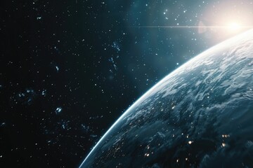 Poster - A stunning view of the Earth from space, with stars in the background. Ideal for science and technology projects