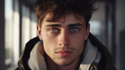 Aufkleber - A close up shot of a person wearing a hoodie, suitable for various uses