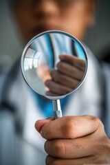 Poster - A man in a lab coat examining with a magnifying glass. Suitable for educational or scientific concepts