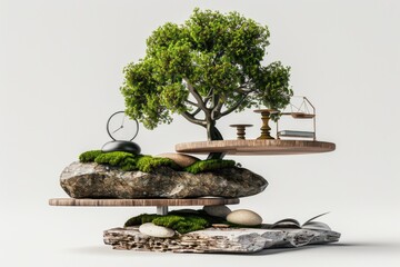 Poster - A serene bonsai tree balanced on top of a pile of rocks. Suitable for nature and zen concepts