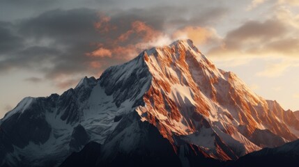 Poster - A scenic view of a snow-covered mountain with a cloudy sky in the background. Suitable for nature and landscape themes