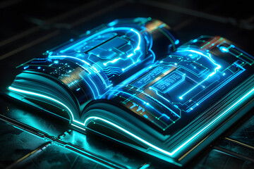 Canvas Print - Open book with futuristic connection technology big data. Blue neon background.