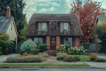 Aufkleber - A house with a brown shingled roof, suitable for real estate or home improvement concepts