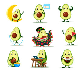 Wall Mural - Cartoon avocado characters vector set. Cute vegetable sitting on the moon, showing muscles, jump with rope and dancing flamenco. Eating watermelon or nachos, reading book, chatting and work on laptop