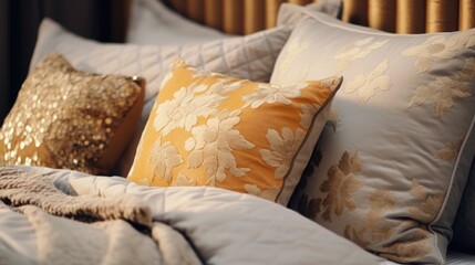 Poster - Close up of pillows on a bed, suitable for home decor websites