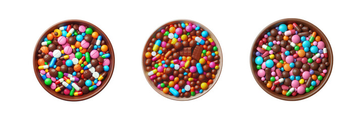 Wall Mural - Set of Top view of Colorful chocolate candy pills in bowl, illustration, isolated over on transparent white background
