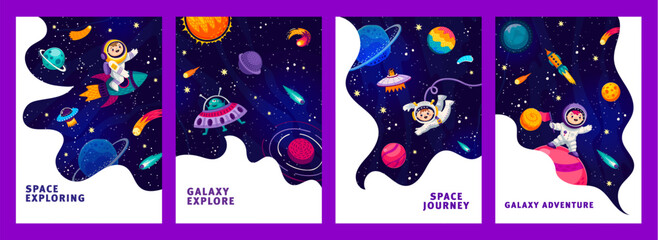 Poster - Space posters with kid astronauts and starry galaxy, alien UFO and planets, vector backgrounds. Cartoon kid spaceman on space adventure and galaxy exploration with spaceship shuttle between sky stars