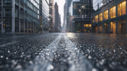 Wall Mural - Rainy city street with buildings in background. Suitable for urban themes