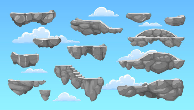 Cartoon rock stone game platforms on vector background of blue sky and clouds. Arcade, 2d video and computer game UI interface assets set of stone jump platforms with gray rocks, stairs and bridge