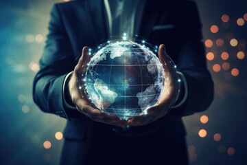 Poster - A man in a suit holding a glowing globe. Suitable for business and technology concepts