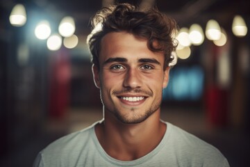 Poster - A young man with curly hair smiling at the camera. Suitable for various commercial and advertising purposes