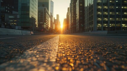 Poster - A city street with the sun setting in the background. Suitable for urban concepts