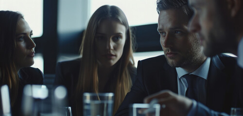 Poster - A diverse group of individuals sitting together at a table. Suitable for business meetings or casual gatherings