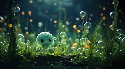 a small green alien in grass inside a bubble of water, in the style of cute and quirky, mesmerizing colorscapes