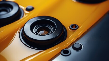 Poster - Close up of a camera lens on a yellow camera. Great for technology and photography concepts
