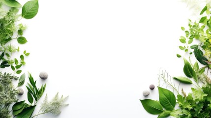 Wall Mural - Green leaves and rocks on a clean white background, perfect for nature or spa concepts