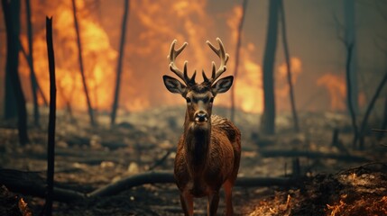 Poster - A deer standing in front of a raging forest fire. Suitable for environmental or climate change concepts