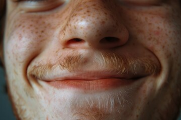 Aufkleber - A detailed shot of a man's face with a distinctive mustache. Suitable for various projects and designs