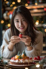 Poster - A woman sitting at a table with a plate of food. Suitable for food and lifestyle concepts