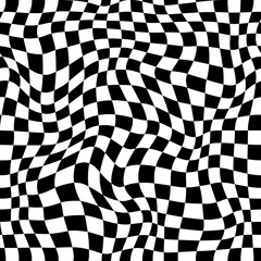 Aufkleber - Wavy checker pattern with optical illusion, trippy checkerboard vector background. Back white squares chessboard in swirl or spiral twist distortion for psychedelic and hypnotic visual effect pattern