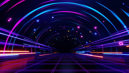 Wall Mural - Futuristic technology neon light background, empty space with reflection light on floor scene, internet data network connection, abstract virtual reality, 3D render.