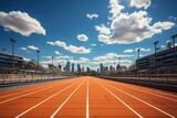 Fototapeta  - a stadium running track on a bright sunny day, in the style of photo-realistic landscapes, minimalist sets, photobashing, outrun, tonalist
