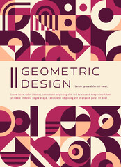 Poster - Beige, maroon, purple and pink modern abstract geometric poster, vector Bauhaus pattern. Book or magazine cover with title header and Bauhaus pattern with minimal simple geometric shapes and forms