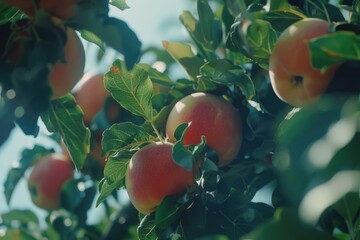 Poster - Fresh red apples hanging from a tree, perfect for food and nature concepts