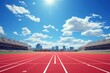 a stadium running track on a bright sunny day, in the style of photo-realistic landscapes, minimalist sets, photobashing, outrun, tonalist