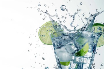 Poster - A glass of water with lime slices and ice cubes. Perfect for summer refreshment