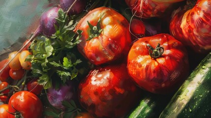 Aufkleber - A variety of tomatoes, cucumbers, and other fresh vegetables. Perfect for healthy eating concepts