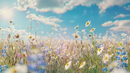 Aufkleber - Field of wildflowers with a blue sky background. Perfect for nature-themed designs