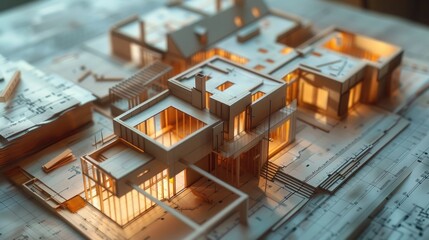 Aufkleber - House model placed on top of a blueprint, suitable for architectural and construction concepts