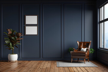 Modern interior of living room with leather armchair on wood flooring and dark blue wall