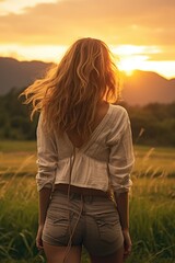 Canvas Print - A woman standing in a field at sunset. Suitable for lifestyle and nature concepts