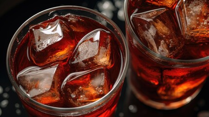 Poster - Two glasses of soda with ice cubes on a table. Ideal for restaurant menus or beverage advertisements