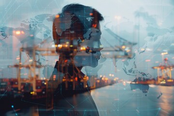 Poster - A man standing in front of a detailed world map, suitable for educational and travel concepts