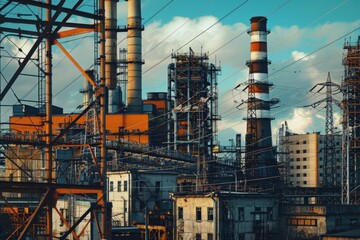 Poster - A factory with multiple power lines in the foreground. Suitable for industrial and infrastructure concepts