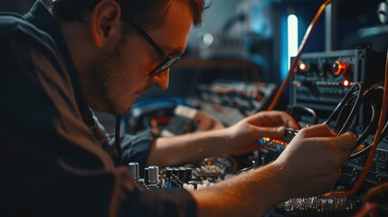 Poster - A man working on electronics in a recording studio. Suitable for technology or music industry concepts