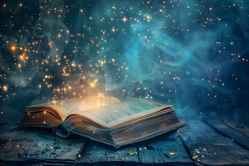 Canvas Print - Magic book with open pages and abstract bokeh background.