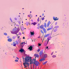 Wall Mural - pink and purple flowers on a pink background in the s