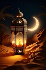 Wall Mural - Lantern with many candles in the desert sand with the moon in the background. Lantern as a symbol of Ramadan for Muslims.