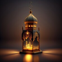 Decorated Lantern With A Mosque Tower. On A Dark Background. Lantern As A Symbol Of Ramadan For Muslims.