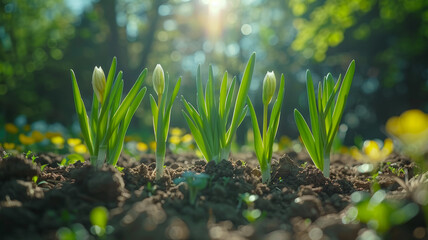 Wall Mural - Freshly planted young vegetable sprouts in rich soil on a rural farm.