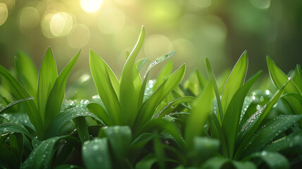 Wall Mural - Fresh green grass with dew drops in morning sunlight.